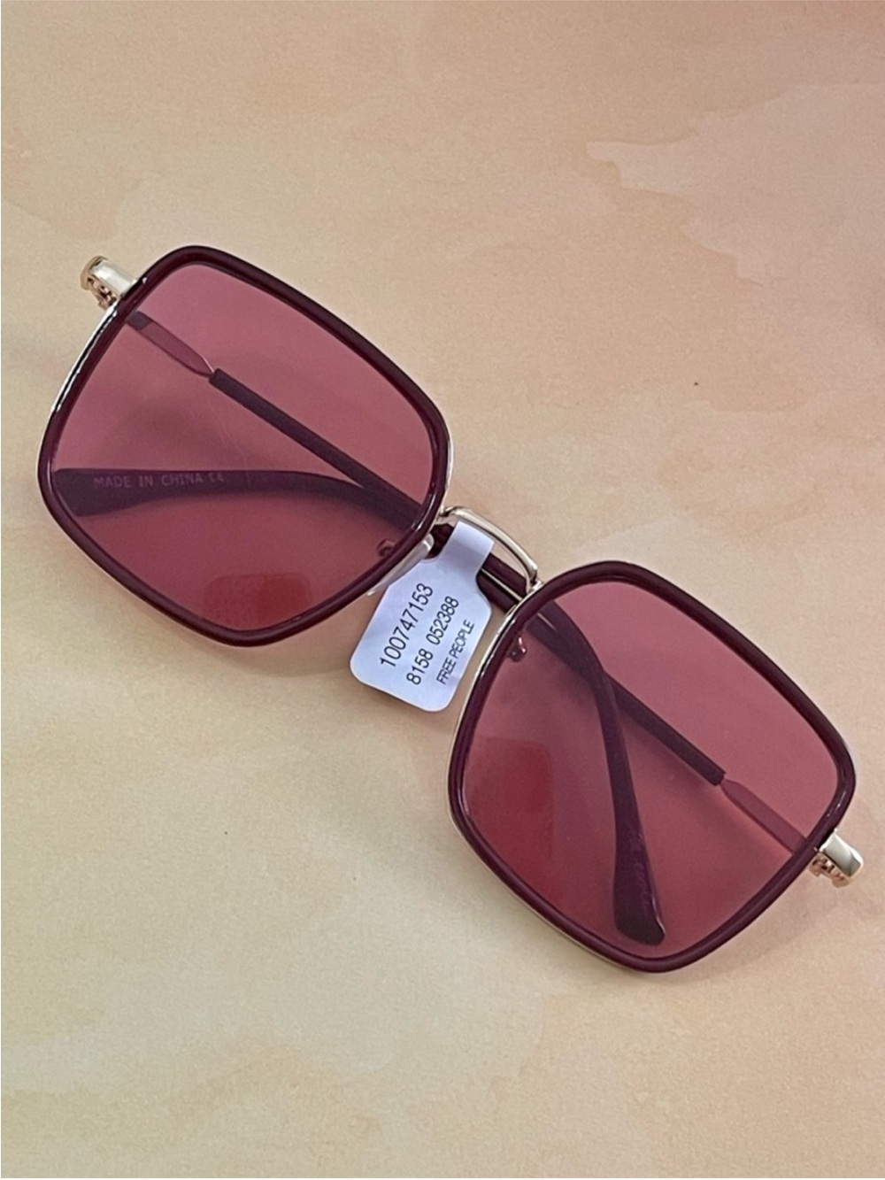 Free People Burgundy and Gold Boho Chic Square Sunglasses